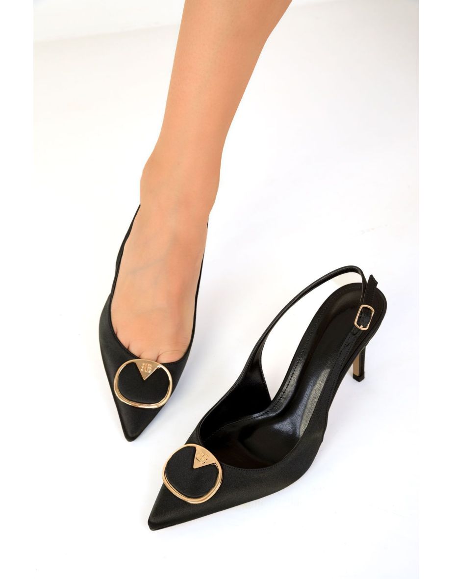 Black Satin-Gold Women's Classic High Heel Shoes - 3