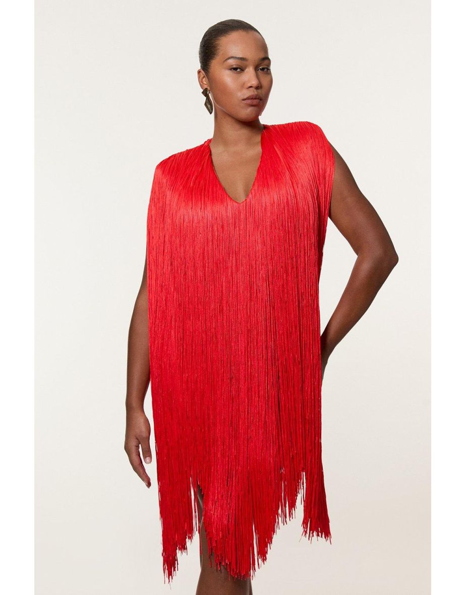 Plus Size Figure Form Bandage Knit V Neck Fringe Mini Dress