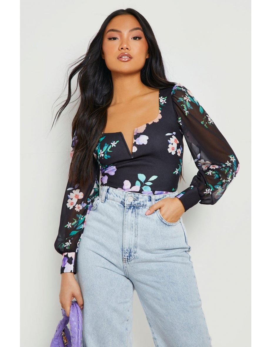 Petite V Front Floral Print Bodysuit - black