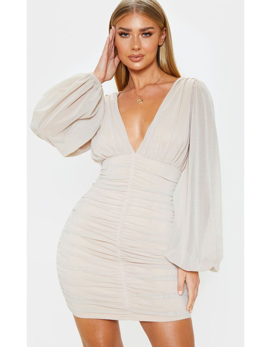 Stone Mesh Ruched Balloon Sleeve Bodycon Dress