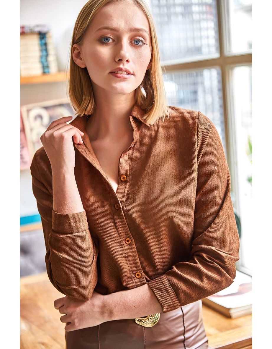 Women's Brown Slim Corduroy Corduroy Shirt