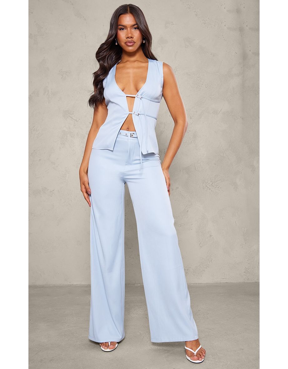 Shop Light Blue Woven Tailored Belt Detail Wide Leg Trousers Online in Bahrain VogaCloset