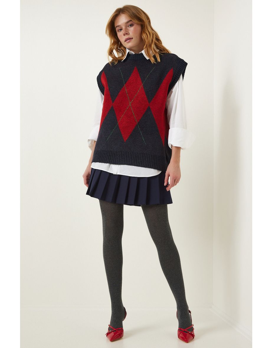 Women's Navy Blue Red Diamond Patterned Knitwear Sweater