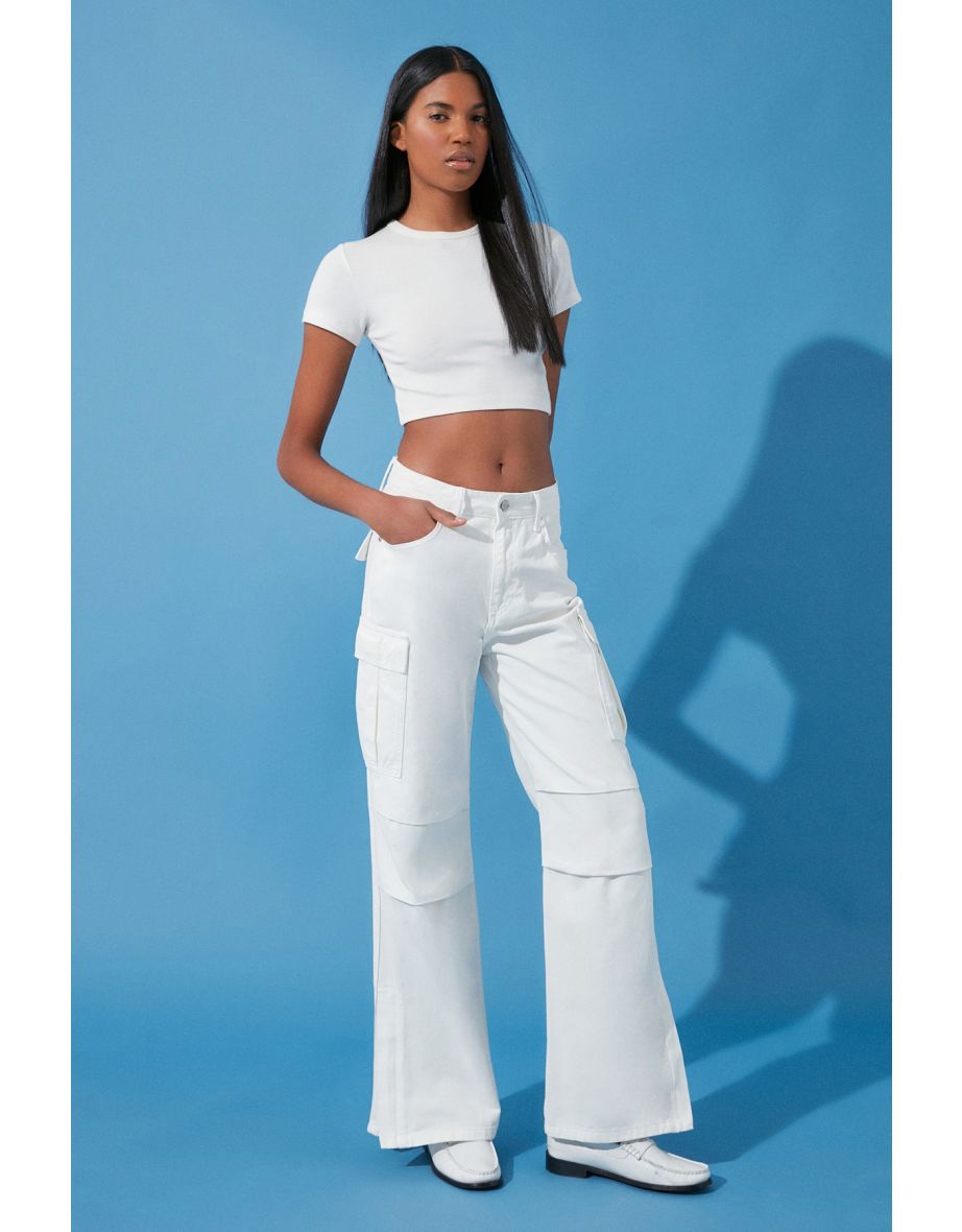 Beige More Sustainable Zipper Detail High Waist Wide Leg Jeans with Cargo Pocket