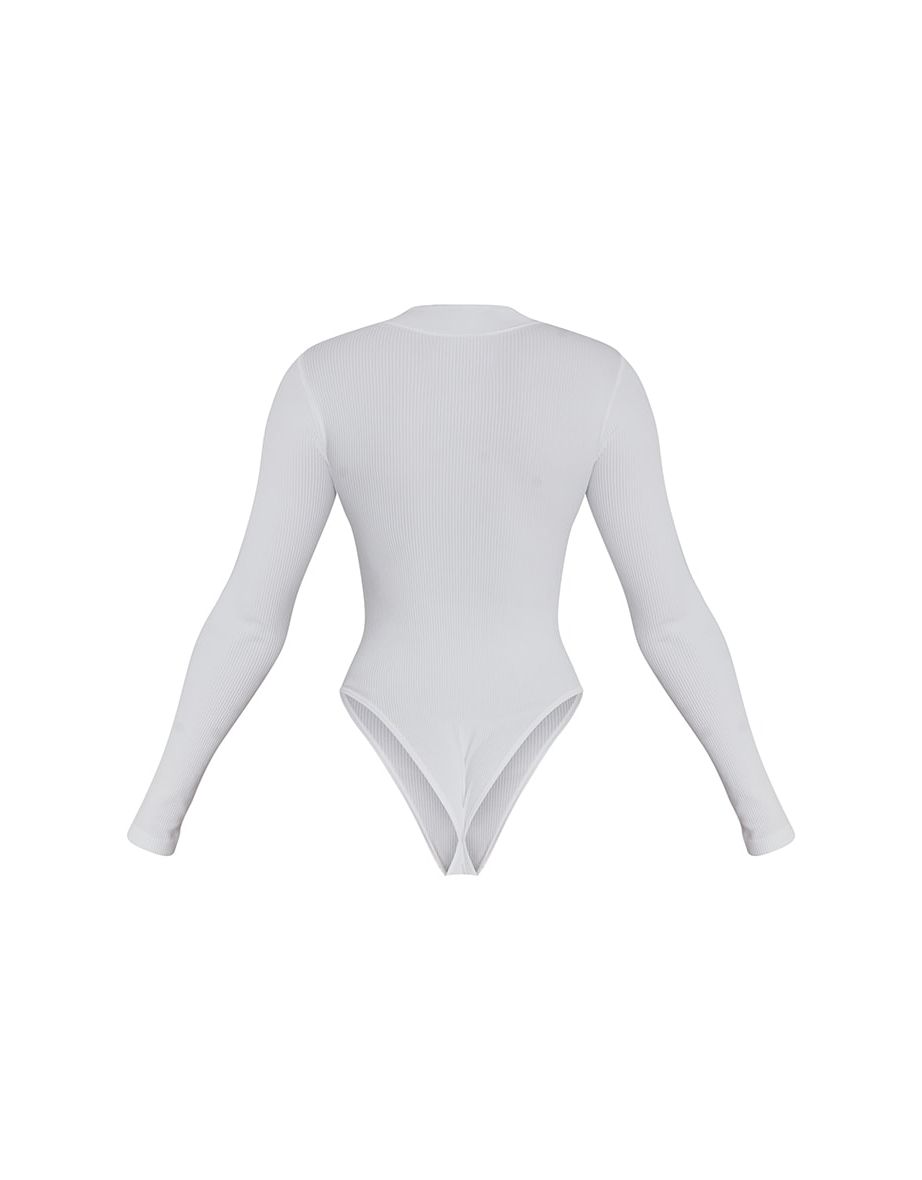 White Contour Rib Zip Up Long Sleeve Bodysuit - 4