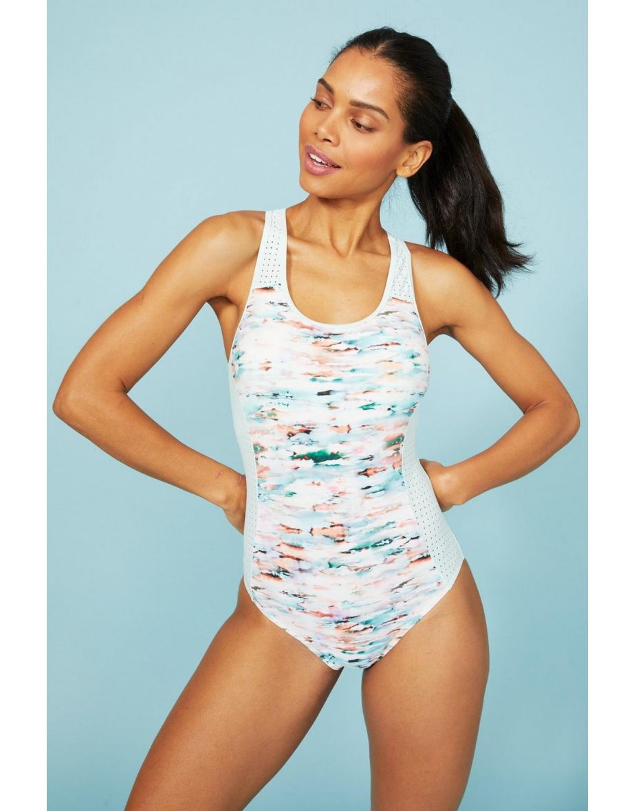 Racer Back Blured Print Active Swimsuit mint