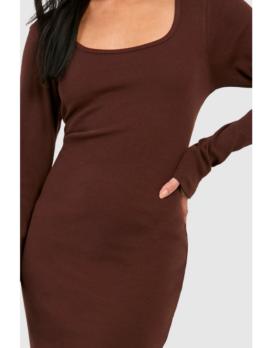 Scoop Neck Long Sleeve Rib Midi Dress - chocolate - 3