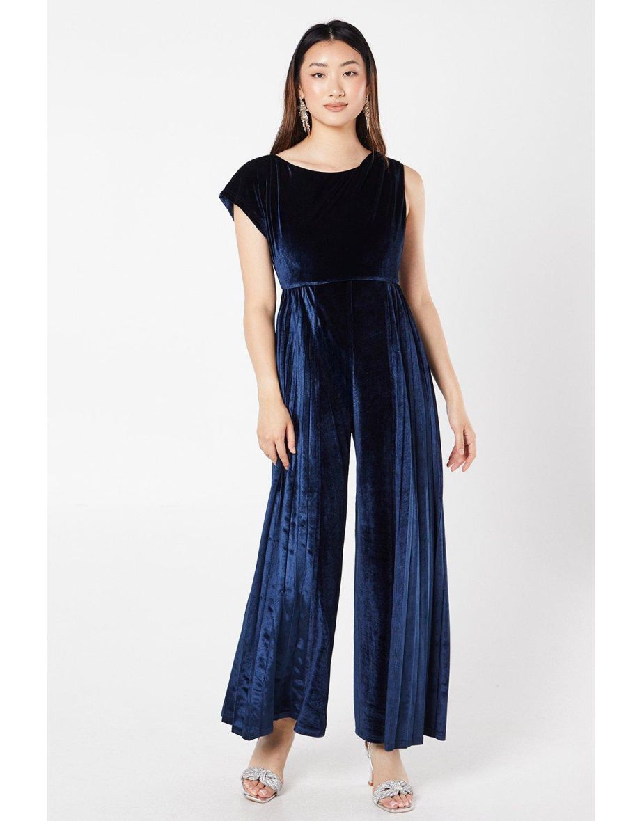 One Shoulder Pleated Leg Velvet Jumpsuit