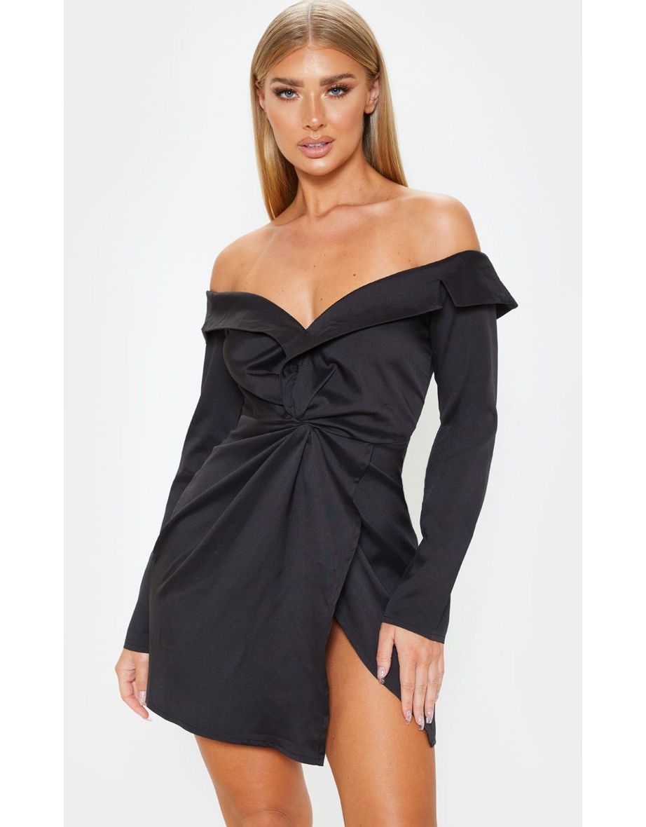 Black Bardot Knot Detail Blazer Dress