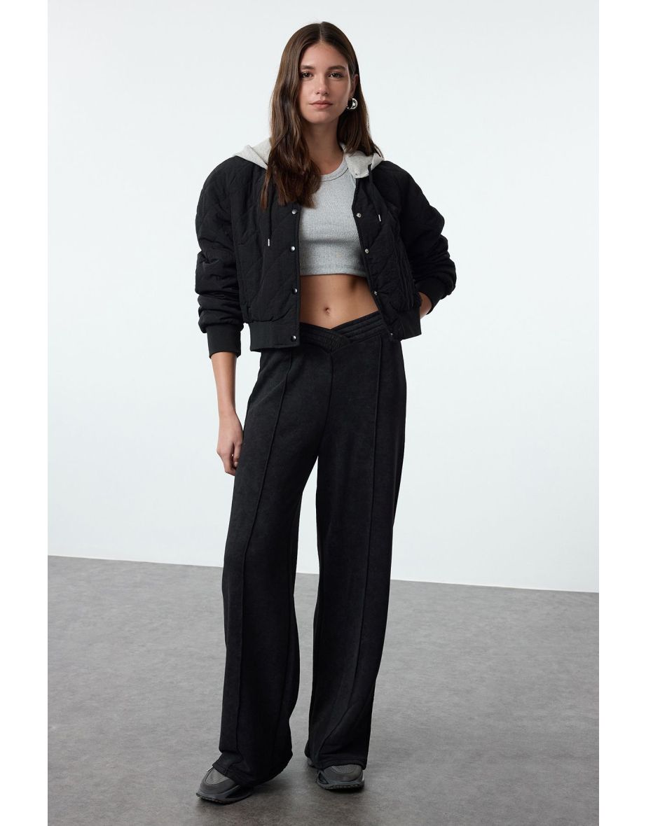 Black Faded Effect Thick Wide Leg Knitted Sweatpants with Waist Detail