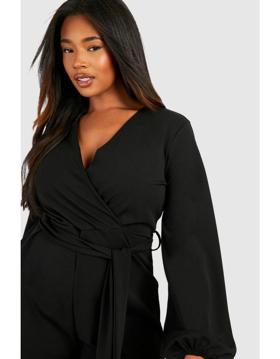 Plus Belted Wrap Long Sleeve Playsuit - black - 3