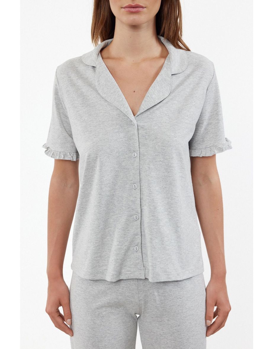 Gray Melange 100% Cotton Solid Ruffle Single Jersey Knitted Pajama Set THMSS24PT00223 - 4