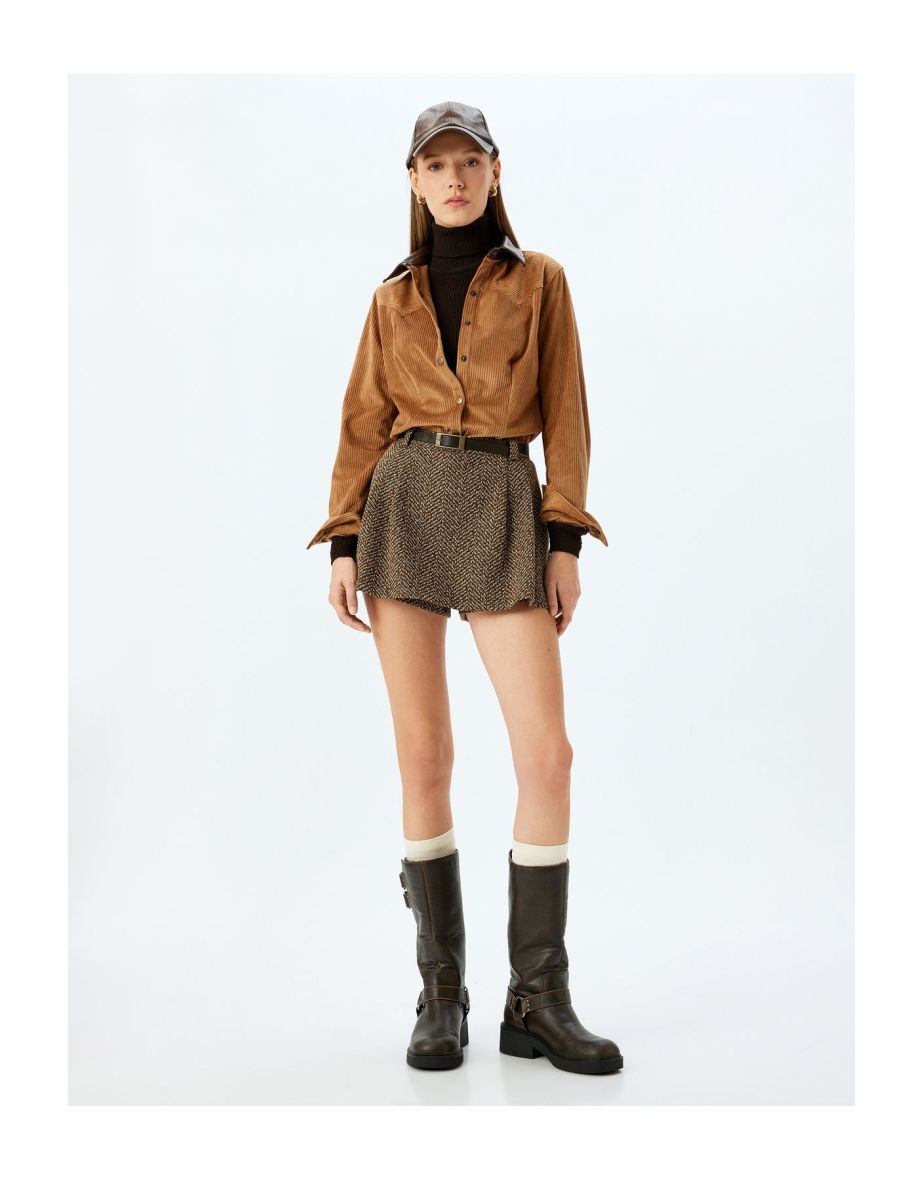 Faux Leather Collar Corduroy Snap Button Shirt