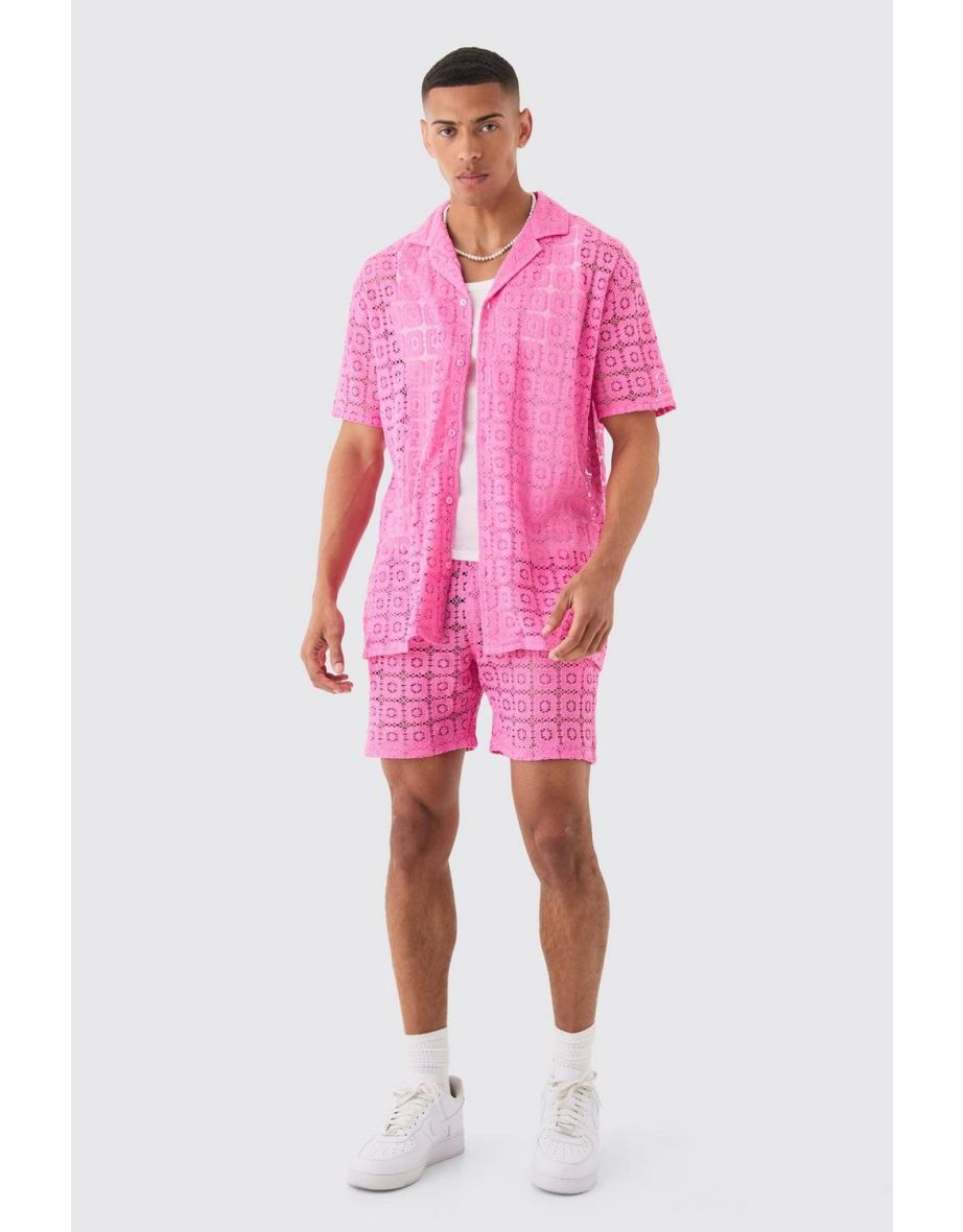 Oversized Open Weave Lace Shirt & Short - hot pink