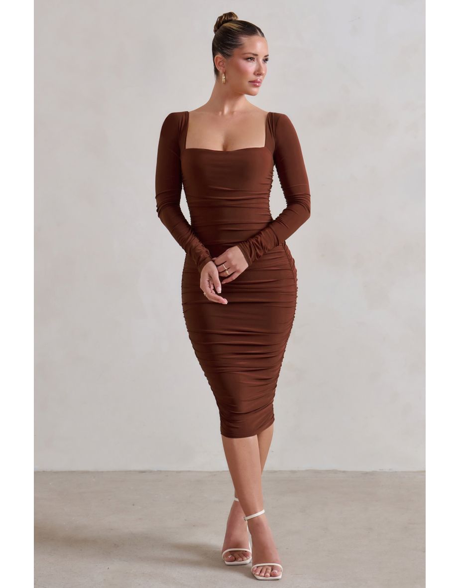 Seductress | Chocolate Long Sleeve Square Neck Ruched Midi Dress - 3