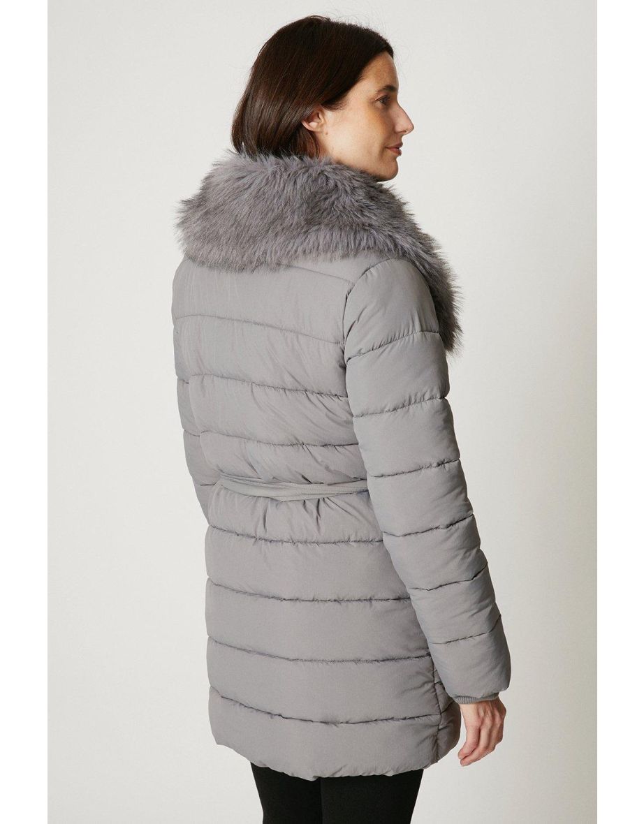 Puffer Faux Fur Collar Belted Coat - grey - 2