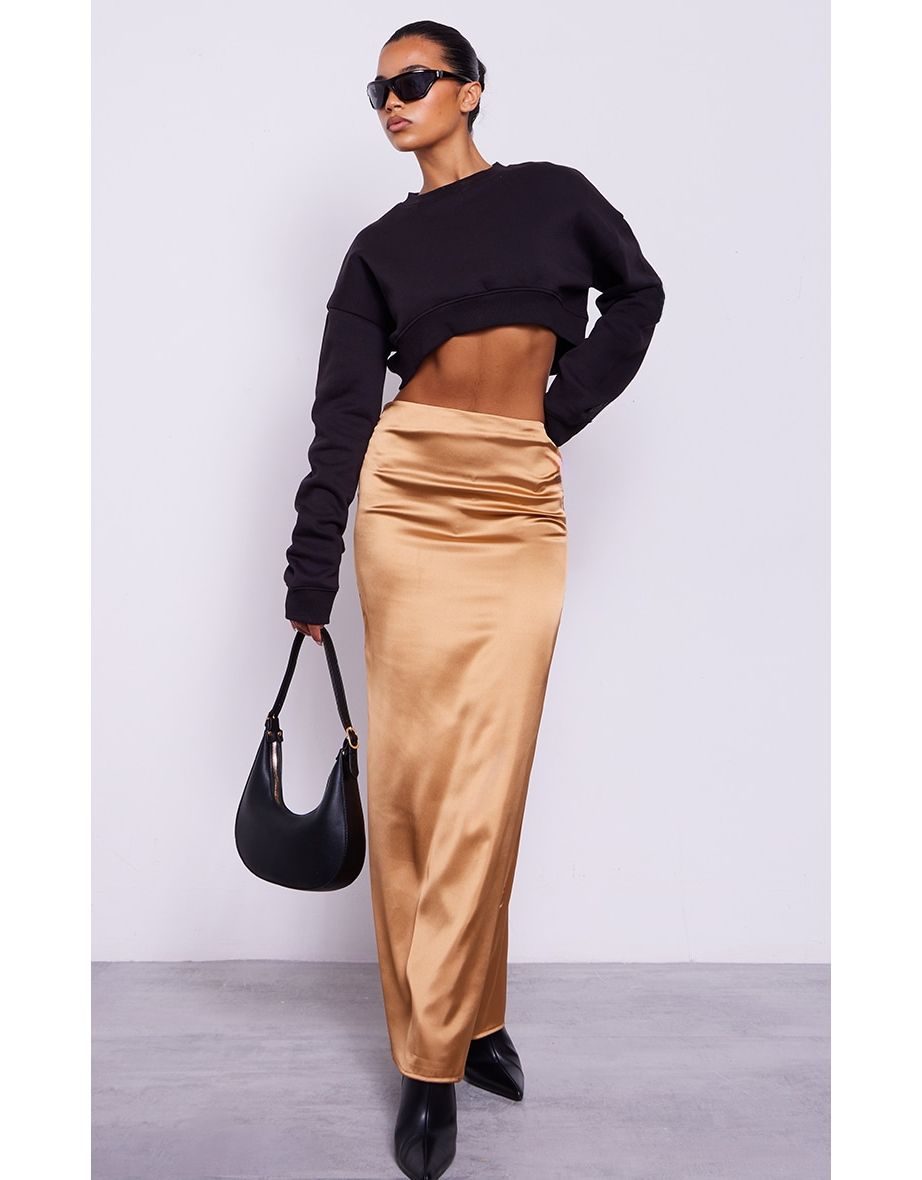 Copper Satin Low Rise Maxi Skirt