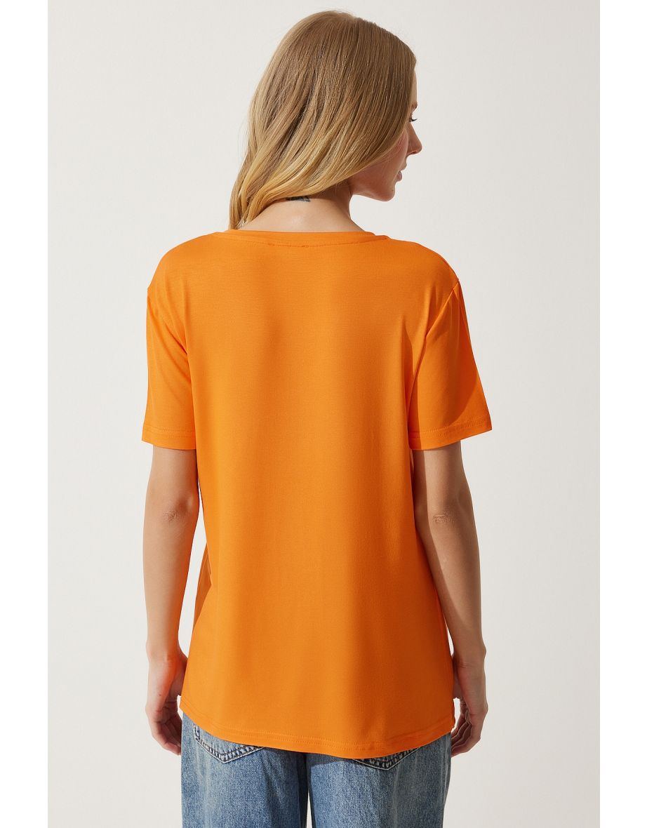 Women's Orange V-Neck Basic Viscose Knitted T-Shirt - 4