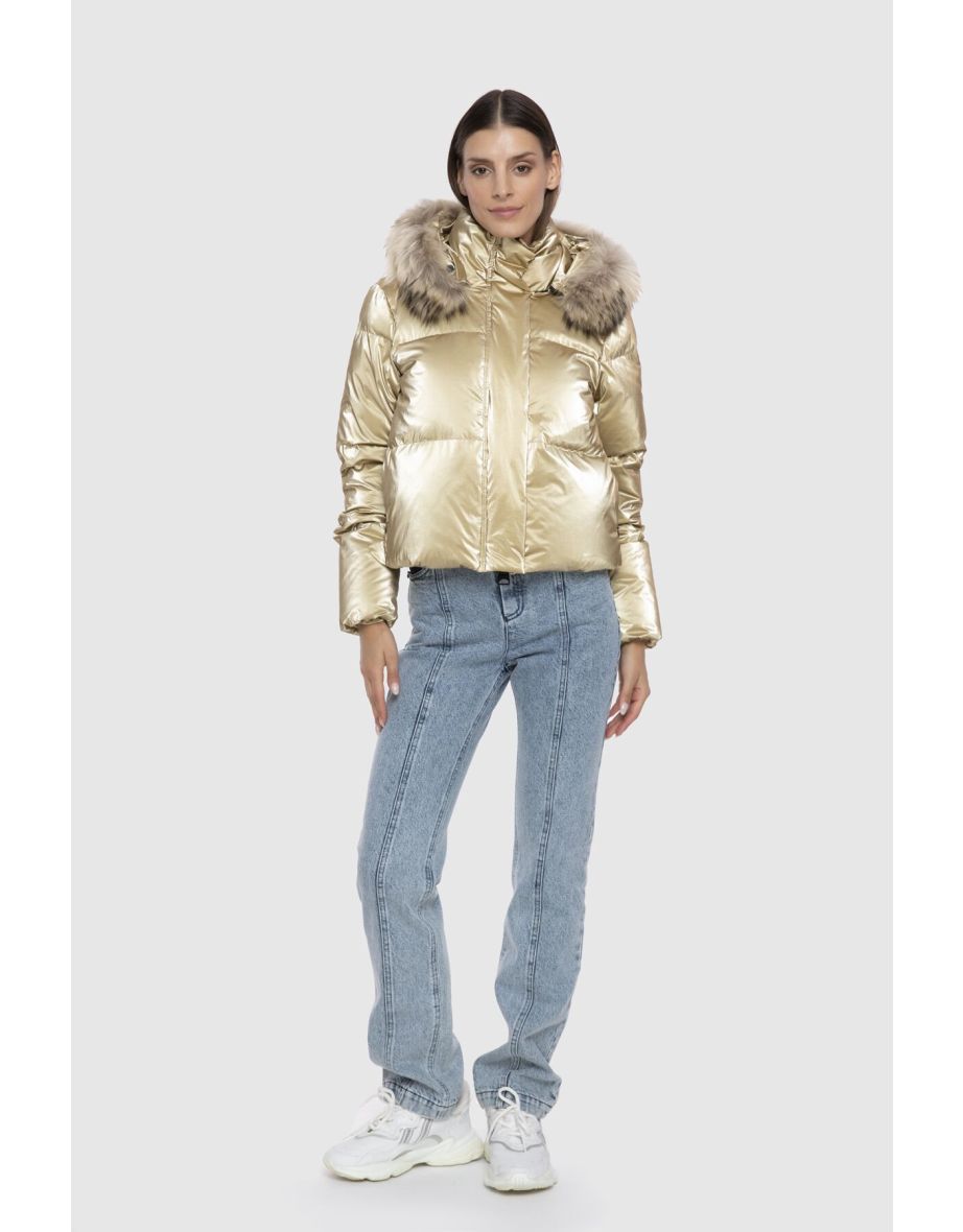 Yellow Puffer Coat with Fur Detail on Hood