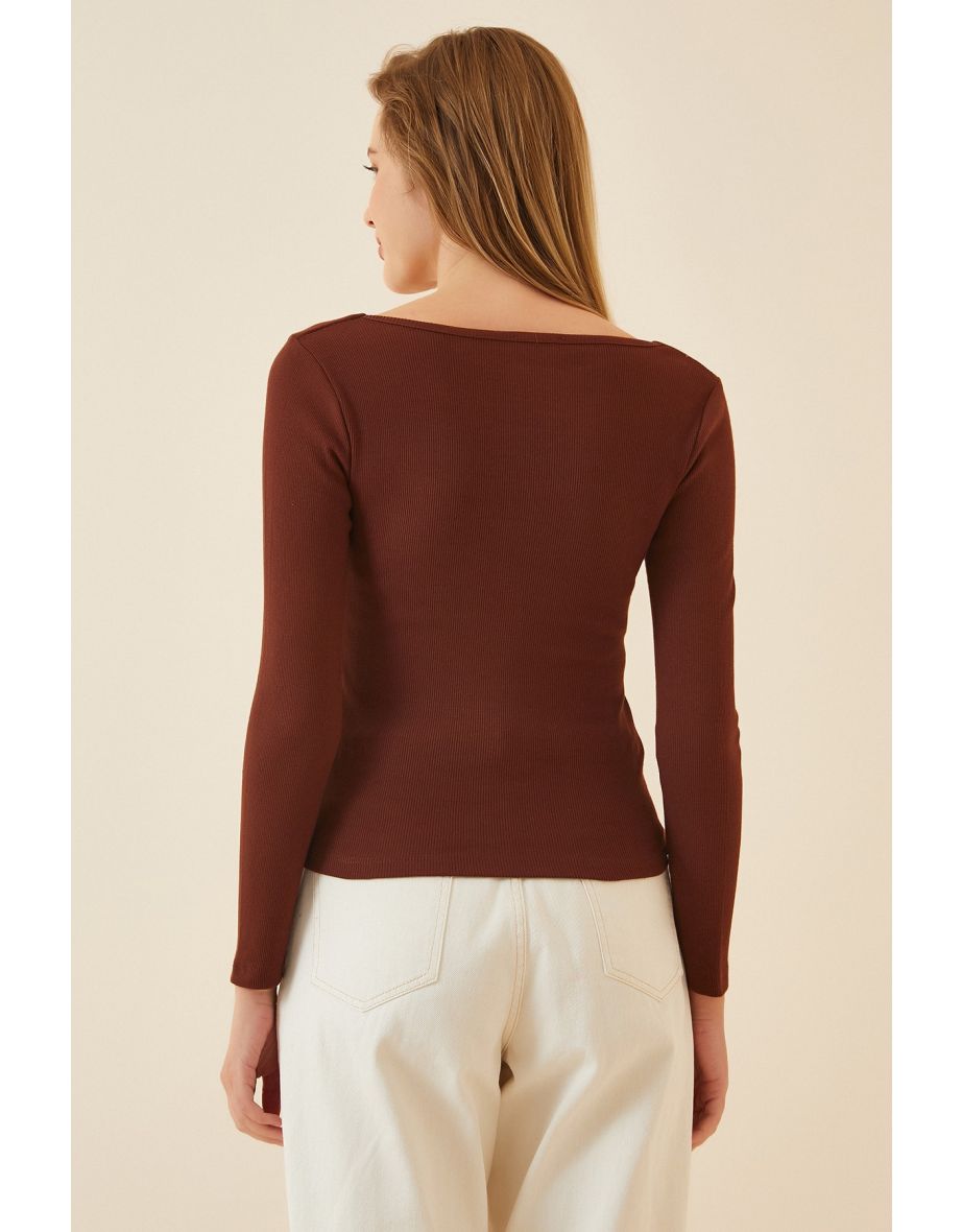 Women's Dark Brown Square Neck Ribbed Knitted Blouse - 2
