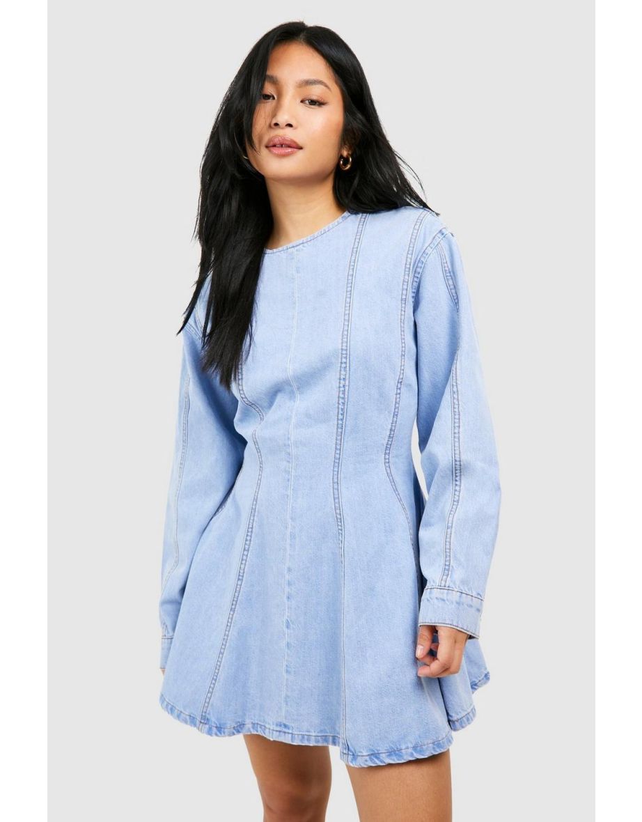 Petite Seam Detail Denim Skater Dress - blue