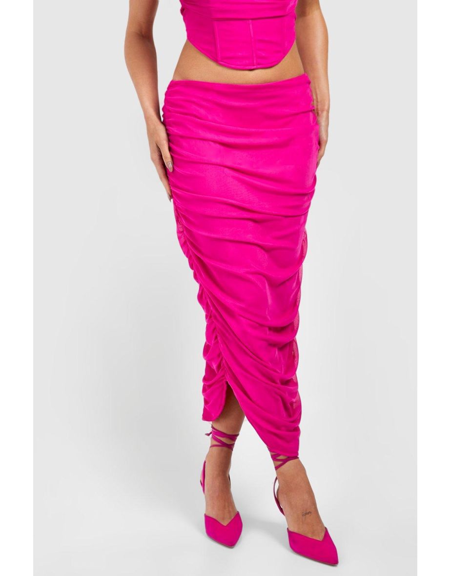 Ruched Side Mesh Skirt - magenta - 3