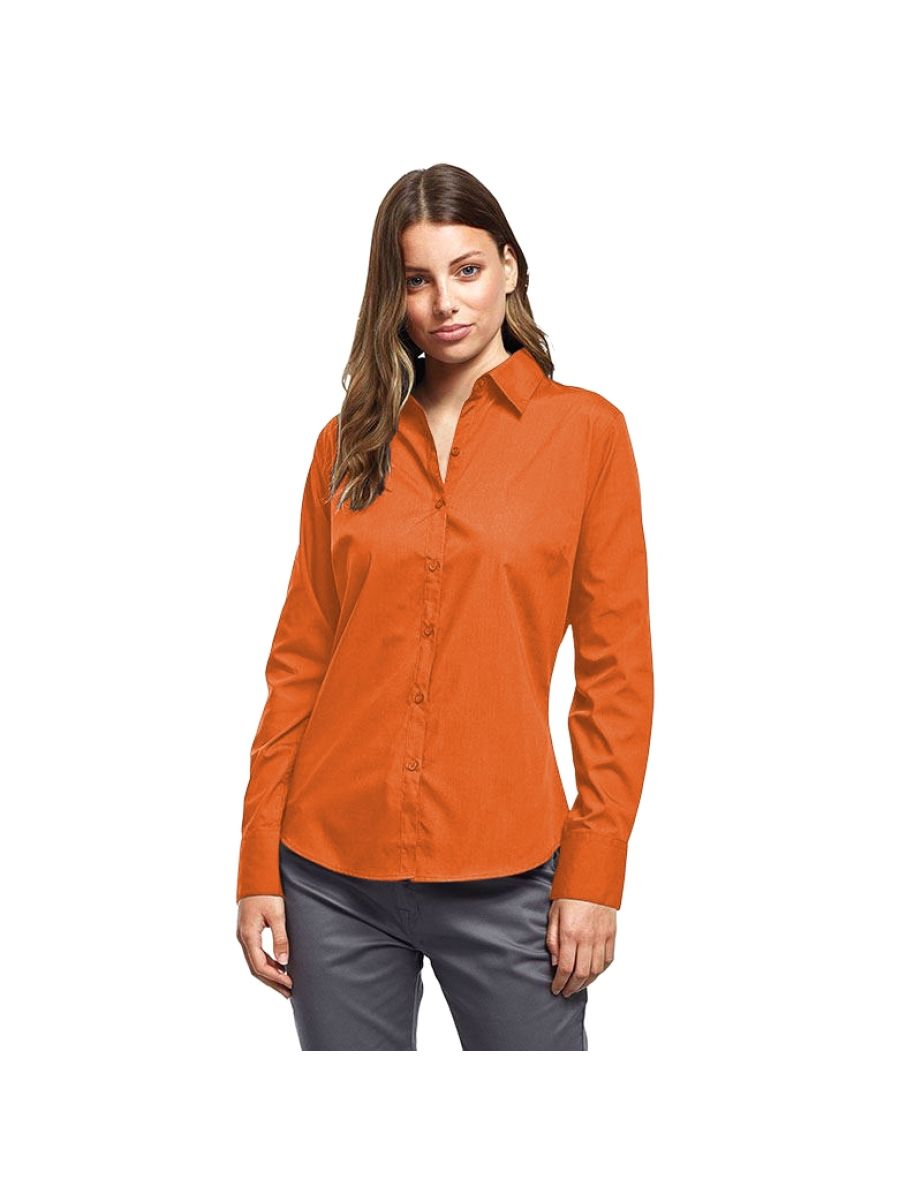 Premier Womens/Ladies Poplin Long Sleeve Blouse / Plain Work Shirt - Orange - 2