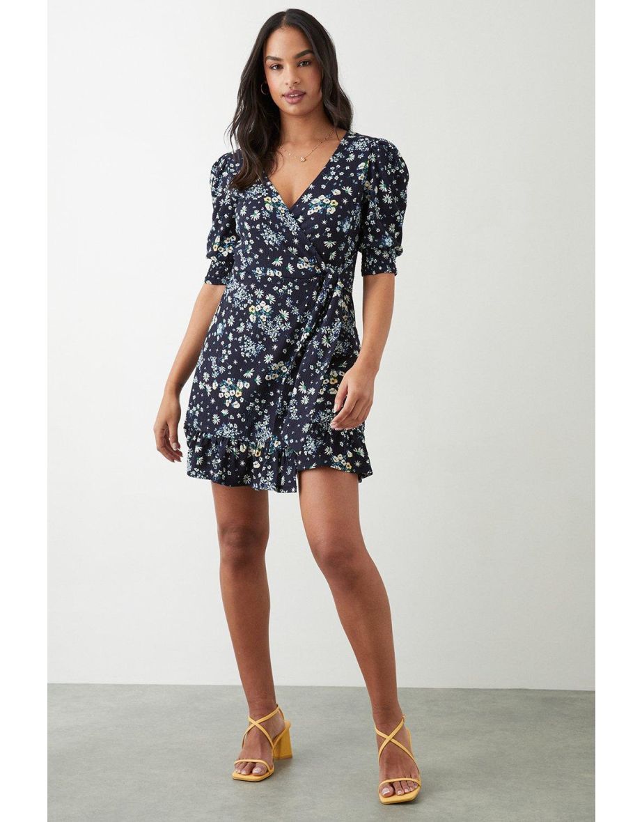 Shop Navy Ditsy Print Wrap Mini Dress Online in Qatar VogaCloset