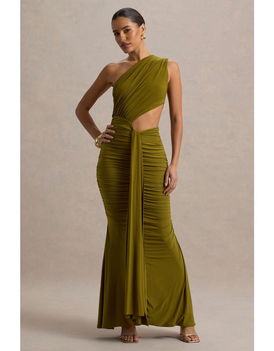 Beline | Green One-Shoulder Cut-Out Maxi Dress With Drape