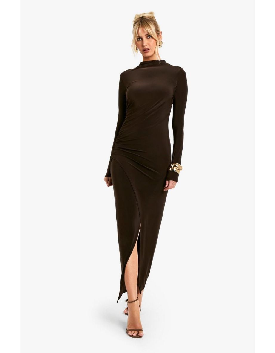 Ruched Waist Long Sleeve Split Maxi Dress