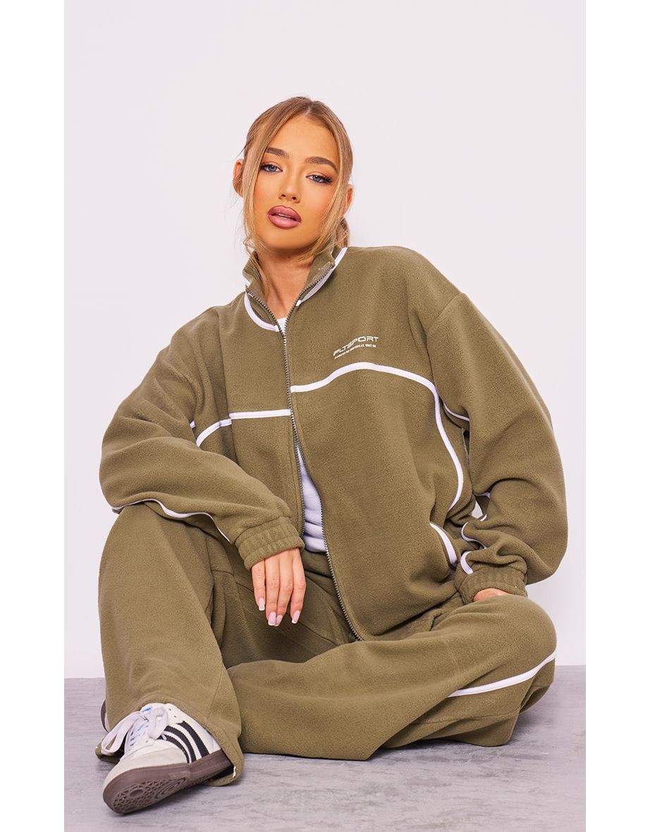 PLT SPORT Olive Fleece Oversized Piping Detail Zip Up Sweatshirt