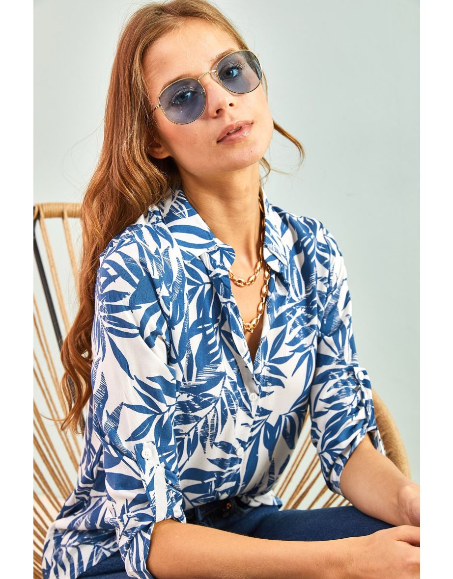 Women's Multi Patterned Sleeve Fold Viscose Shirt - 5