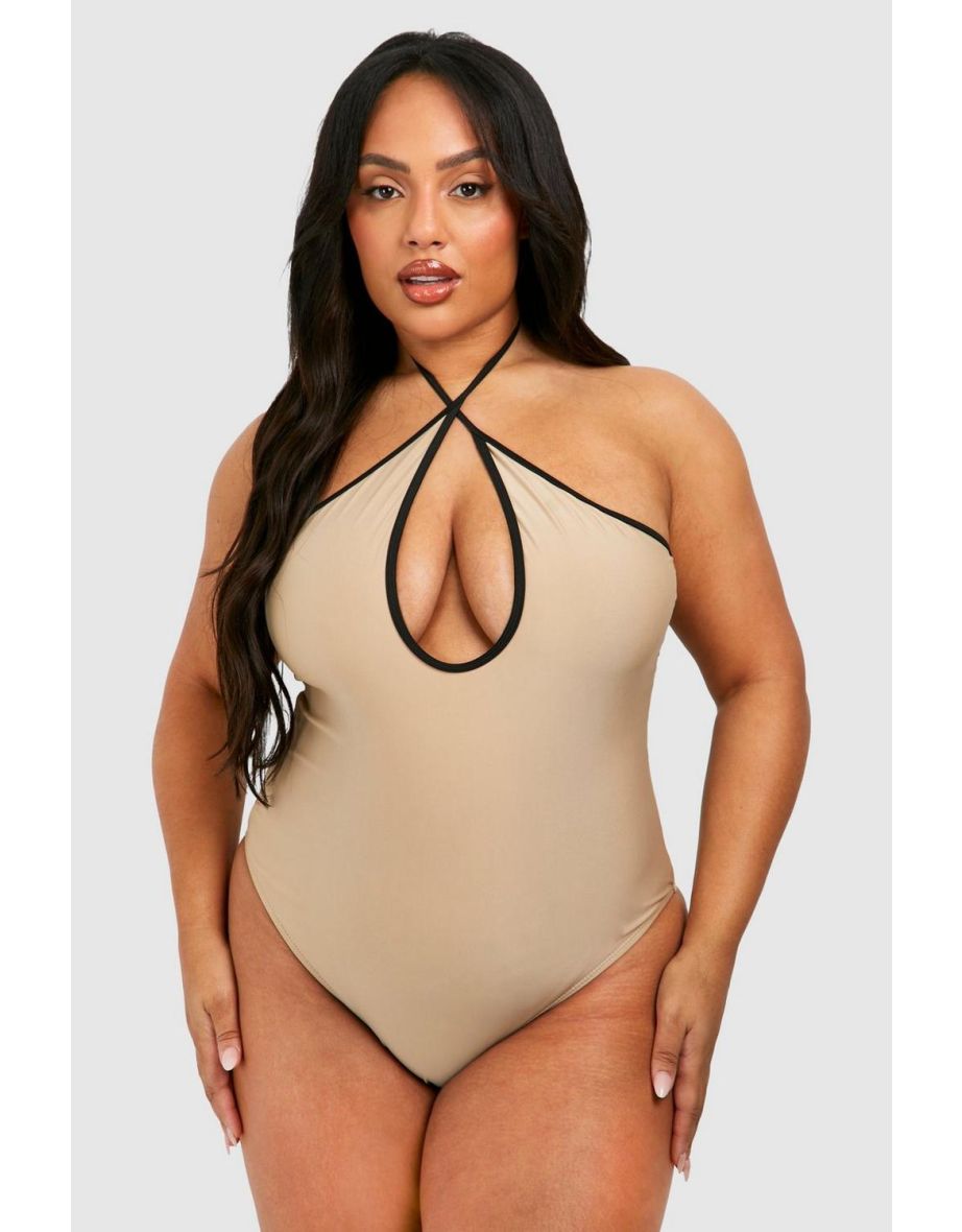Plus Contrast Binding Keyhole Swimsuit - taupe
