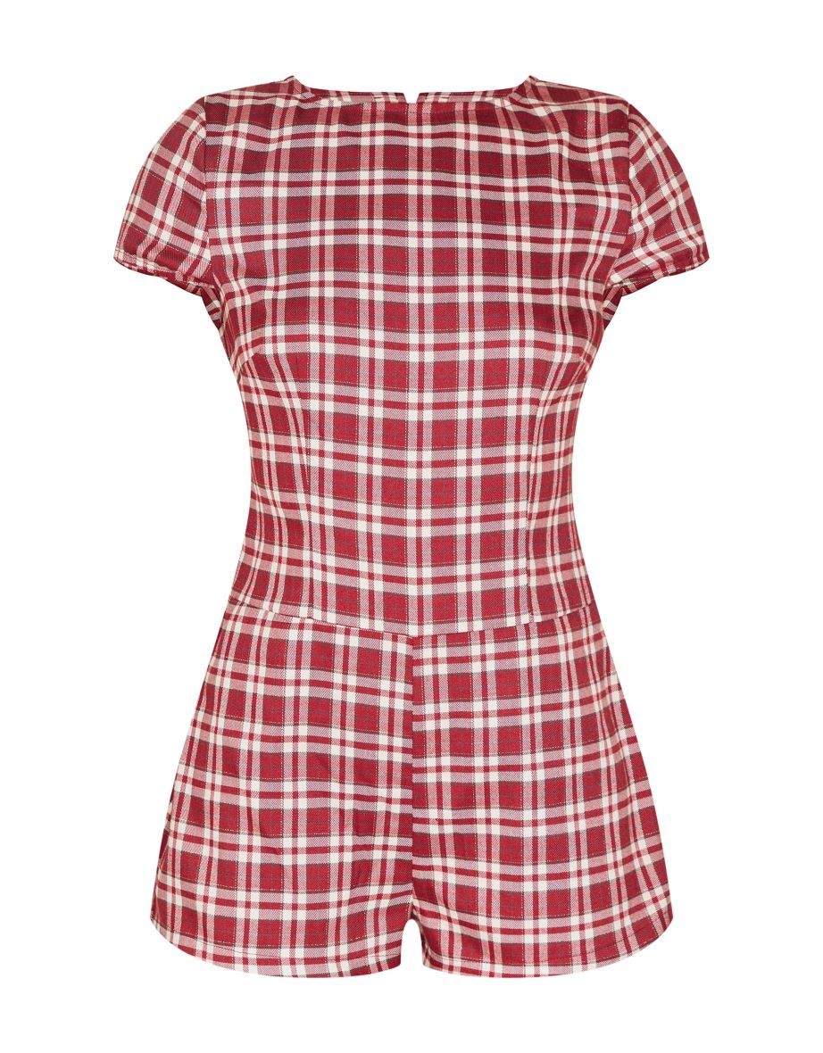 Burgundy Check Print Boat Neck Unitard - 4