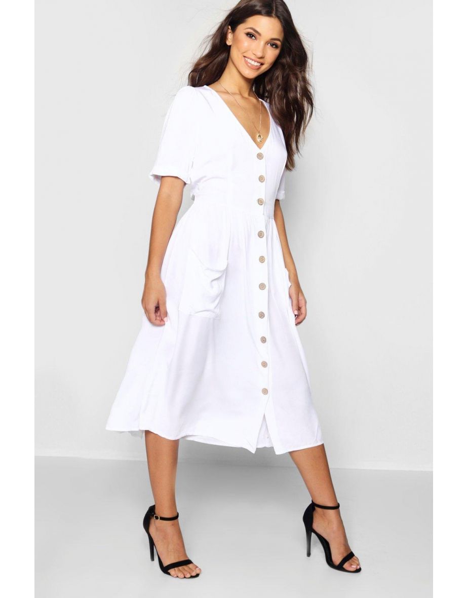 Button Front Pocket Detail Midi Dress - cream