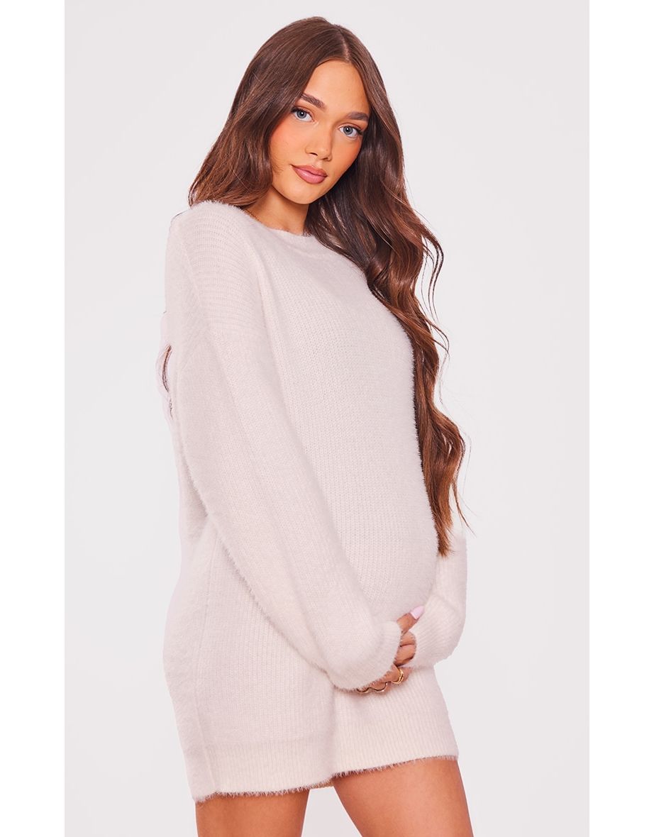 Shop Maternity Cream Fluffy Knitted Jumper Dress Online in Bahrain VogaCloset