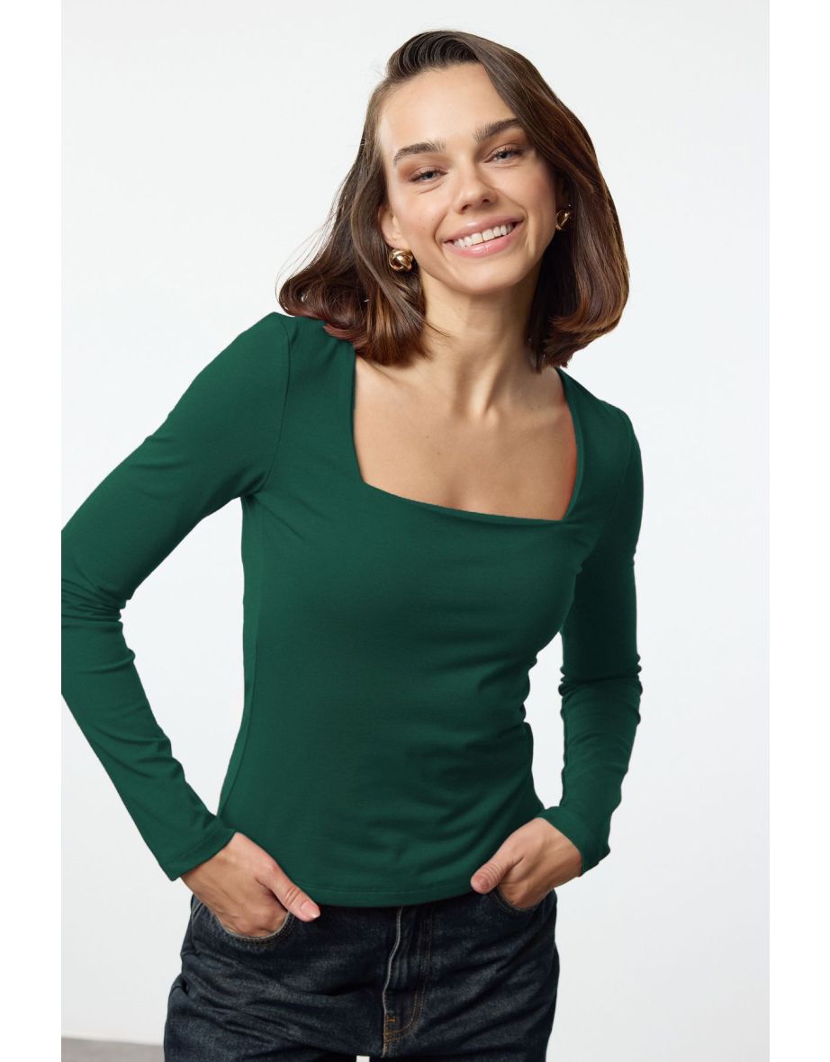 Emerald Green Cotton Square Collar Regular Fit Knitted Thin top