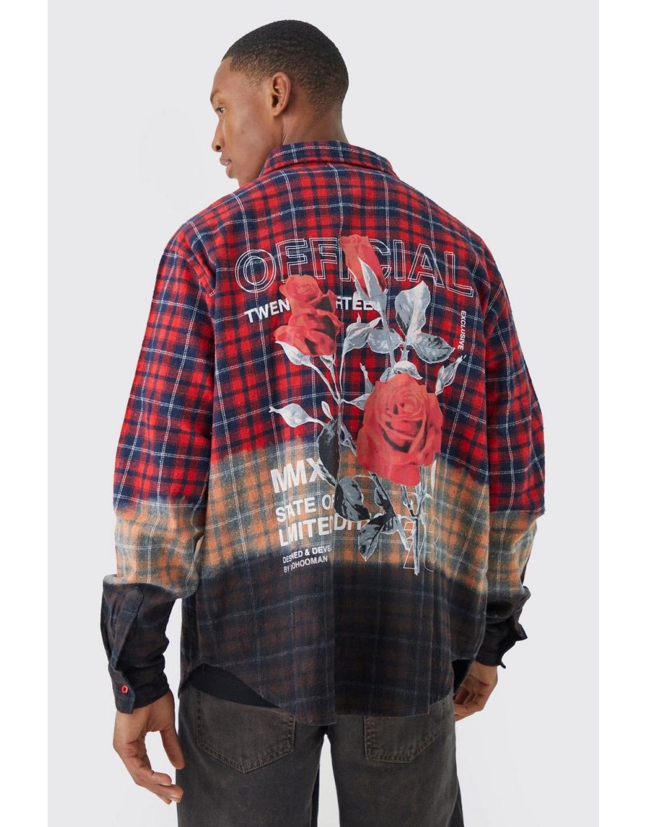 Oversized Rose Back Print Ombre Check Shirt - red