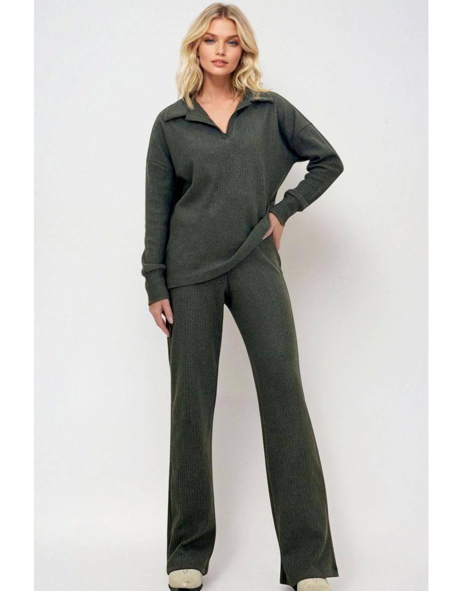 Women's Khaki Polo Neck Top and Palazzo Pants Knitwear Bottom Top Set