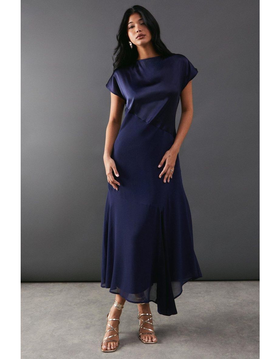 Satin Georgette Panelling Asymmetric Hem Dress