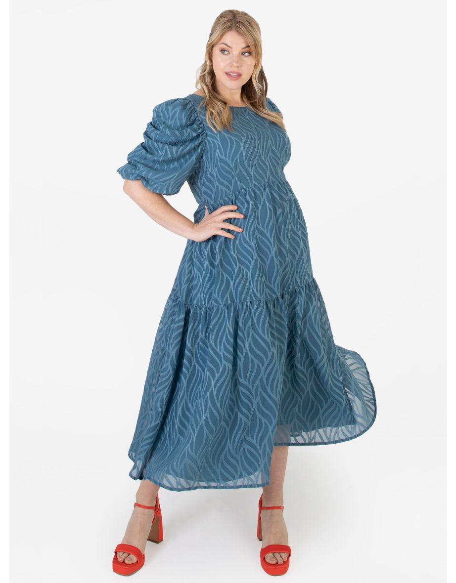 Lovedrobe Luxe Blue Textured Midi Dress with Keyhole Detail