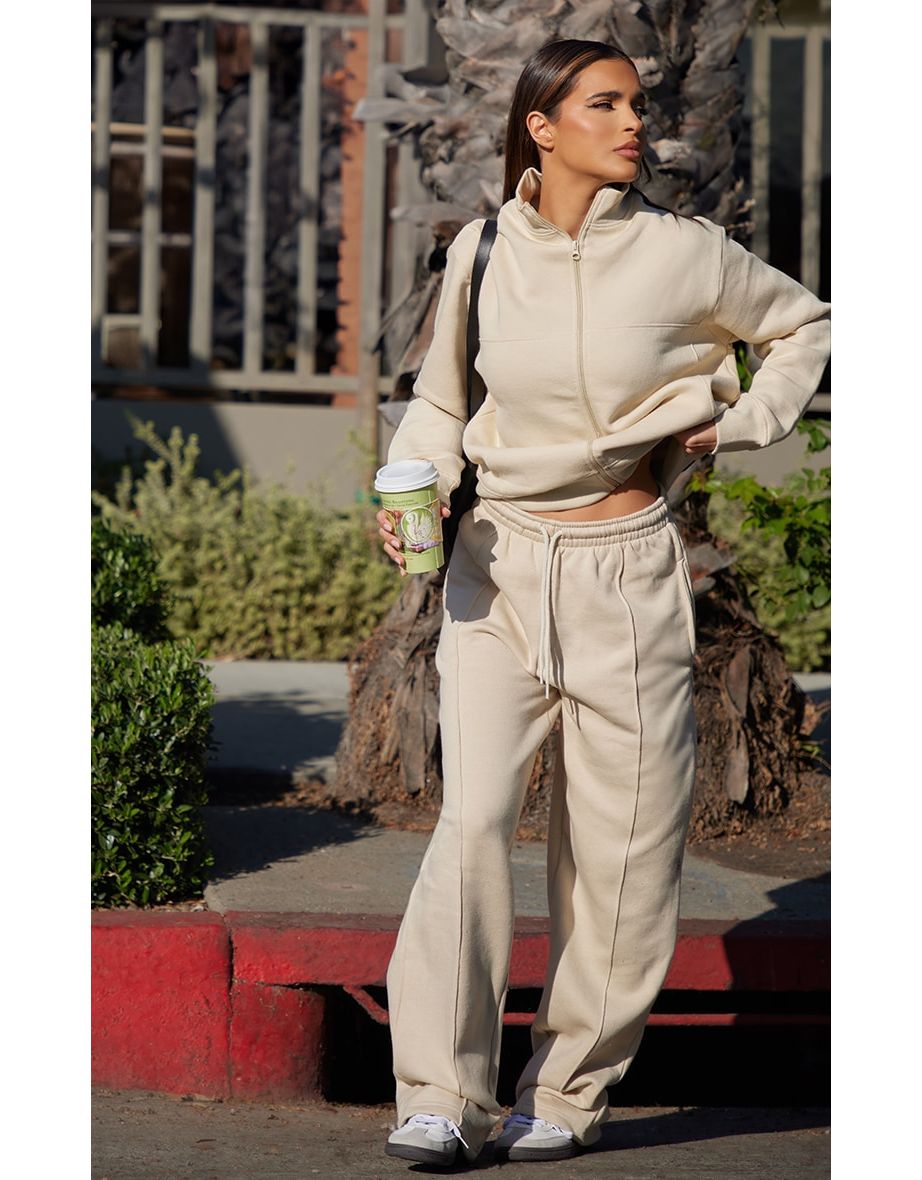 Beige Seam Detailed Straight Leg Joggers