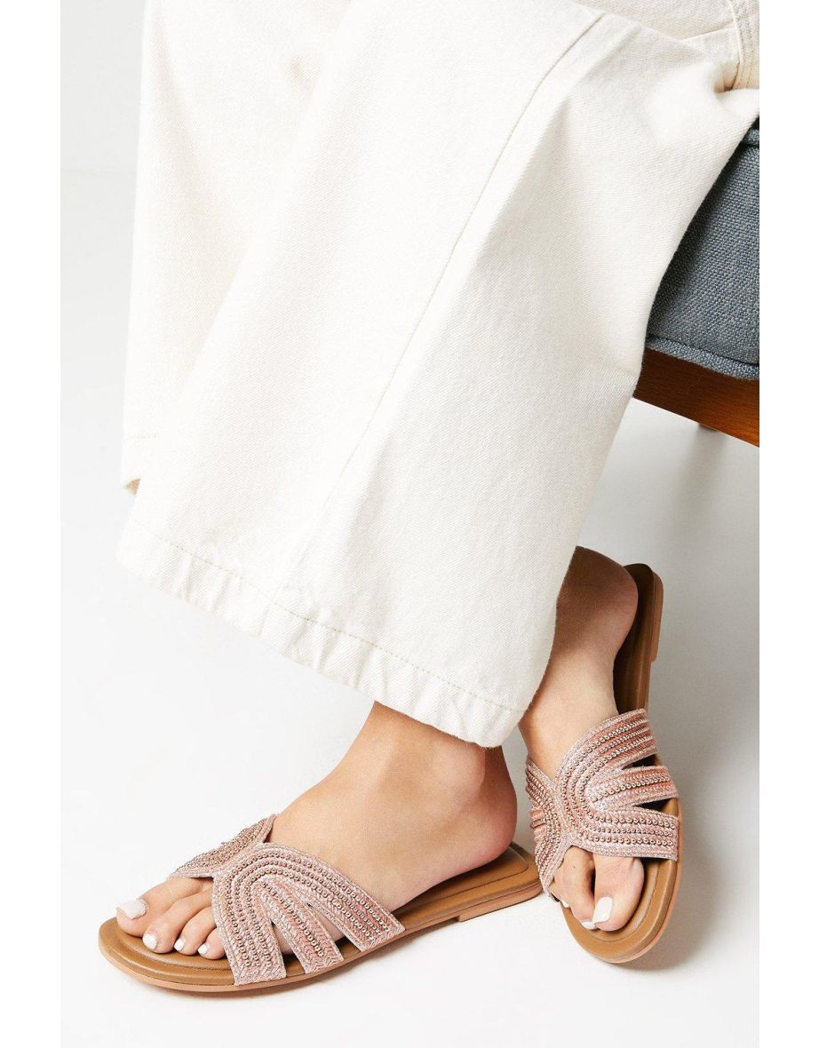 Indigo Leather Sequin Embellished Flat Mule Sandals