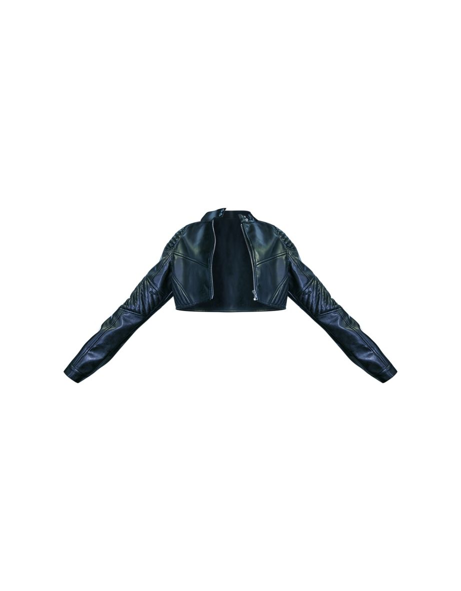 Black Quilted Detail Super Cropped Faux Leather Jacket - 4