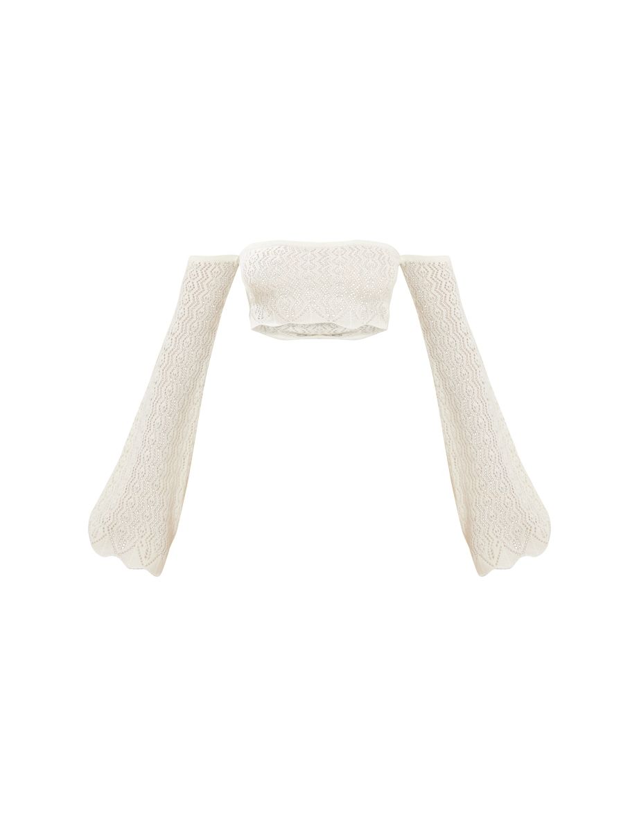 White Crochet Flared Sleeves Bandeau Top - 4