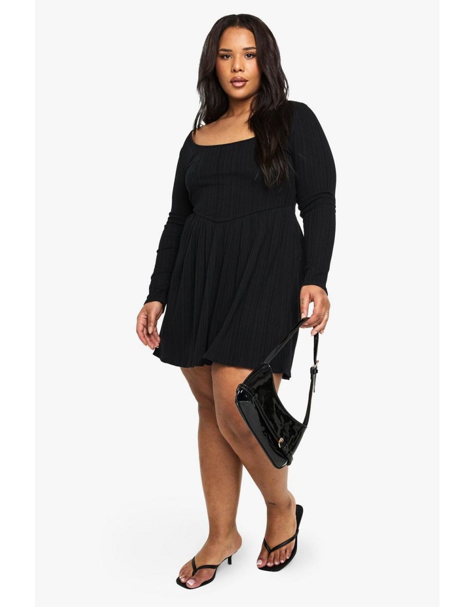 Plus Cotton Rib Scoop Neck Skater Dress - black