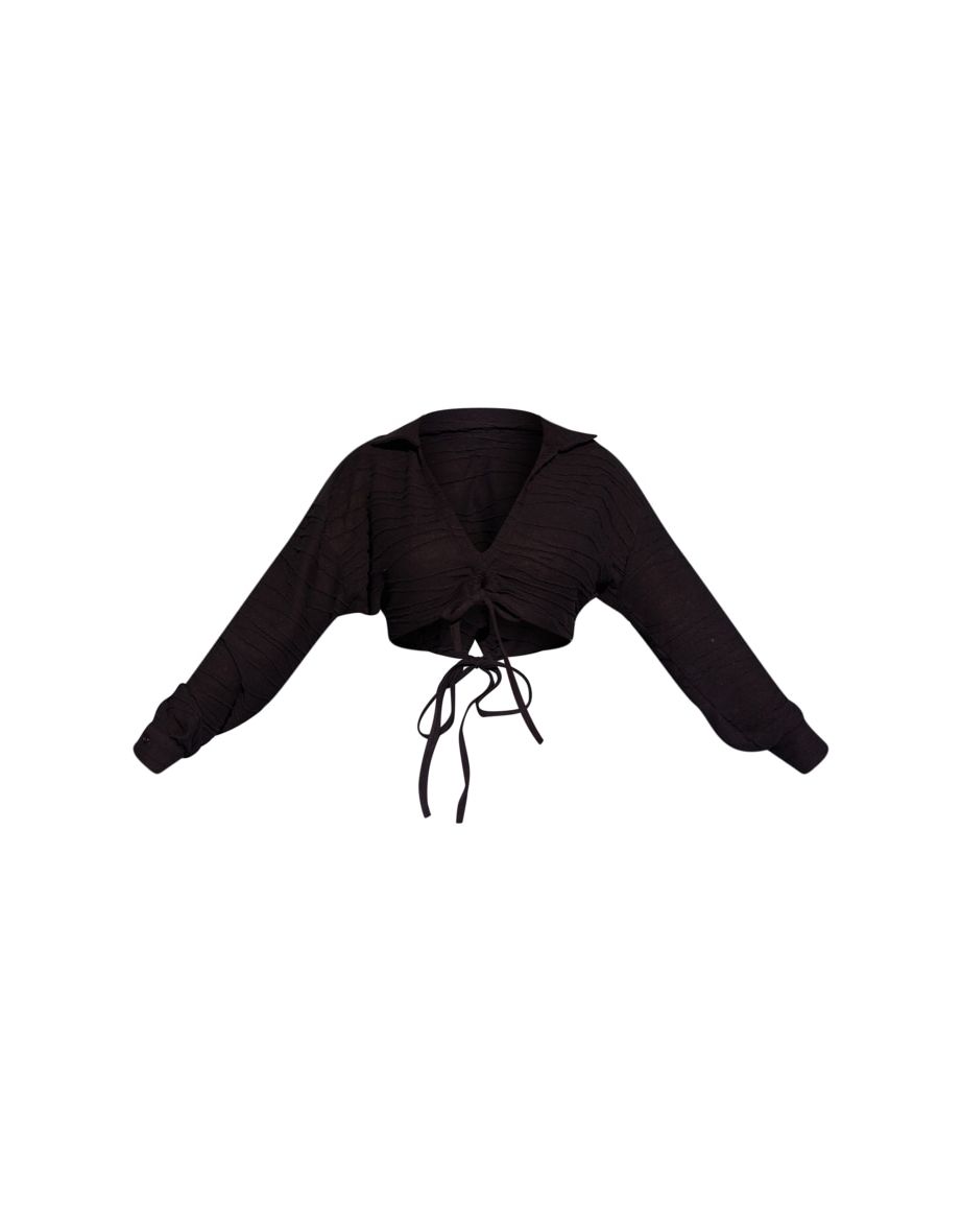 Black Drawstring Back Tie Ruched Crop Shirt - 4