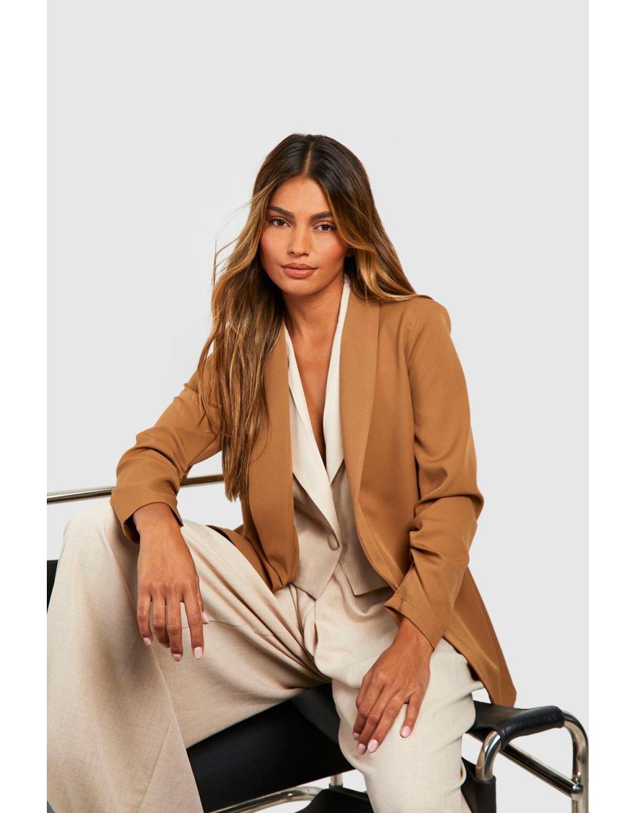 Camel ruched store sleeve blazer