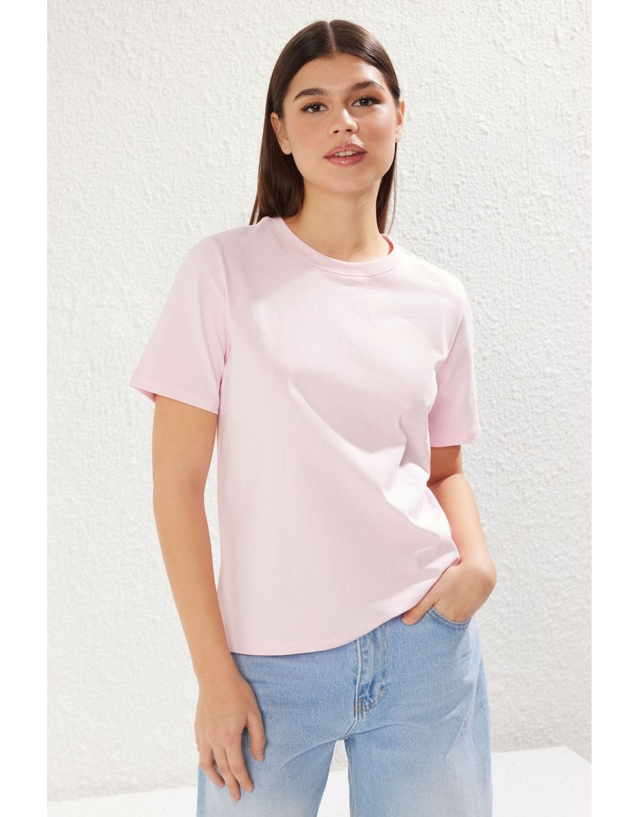 Light Pink 100% Cotton Premium Basic Crew Neck Knitted T-Shirt