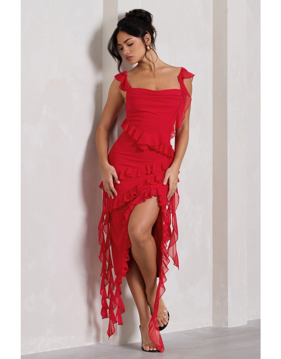Havana Heat | Red Cowl Ruffle Chiffon Midi Dress - 4